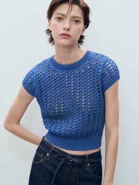 Mango Blue Open-Knit Short Sleeve Sweater